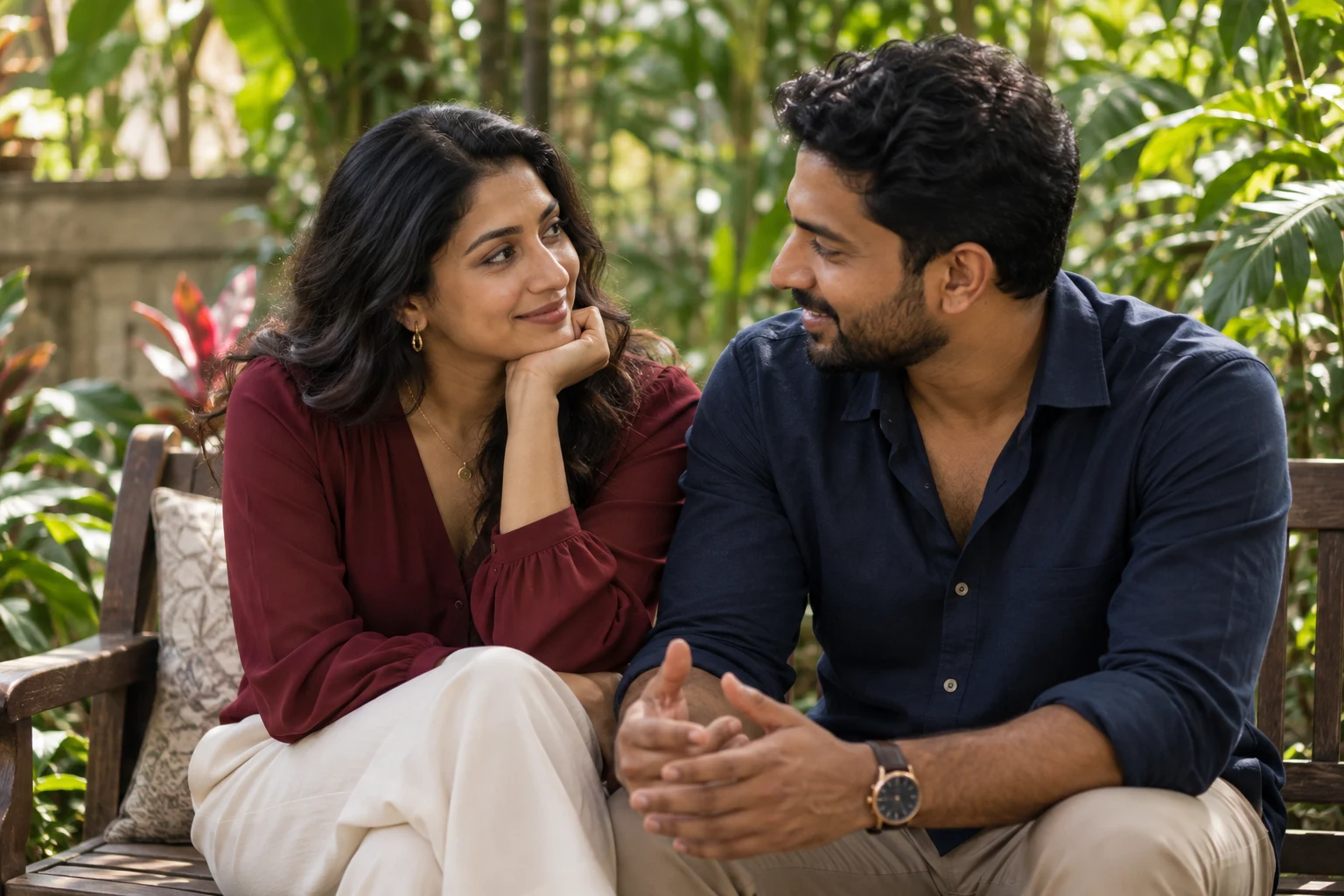 Couple talking on a tropical garden bench