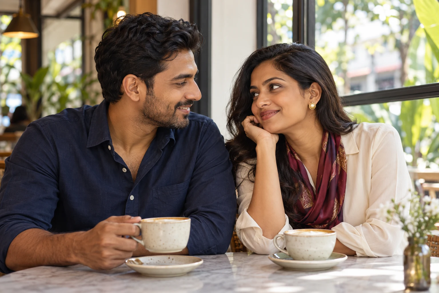 Couple enjoying a morning conversation beside a cafe window