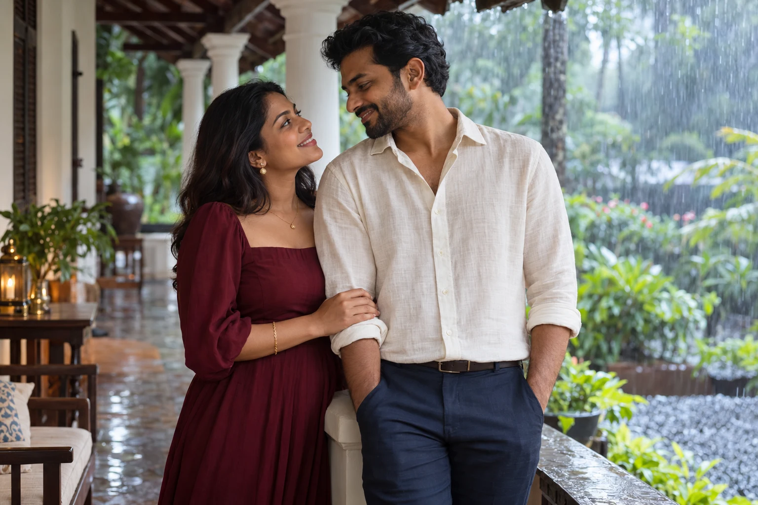 Couple sharing a quiet moment on a rainy veranda