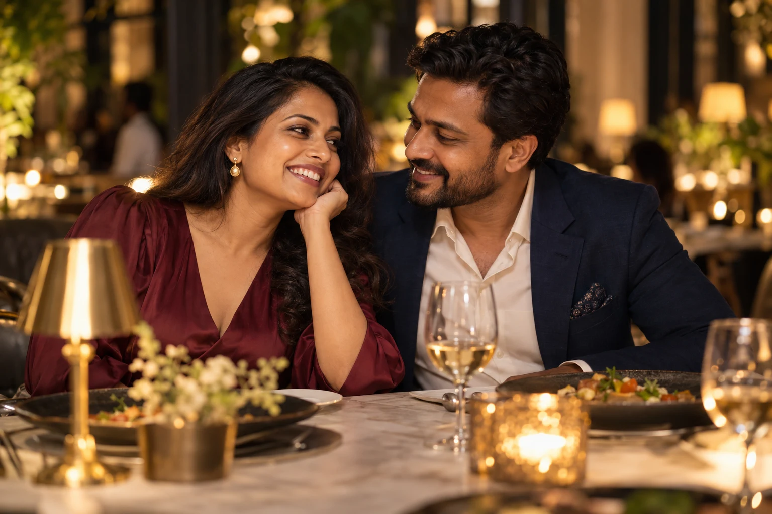 Couple enjoying a softly lit elegant dinner