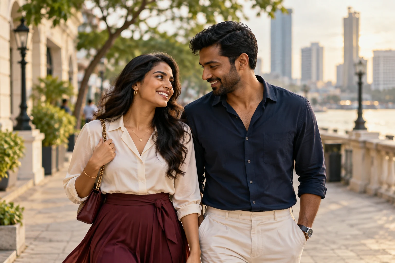 Couple strolling along a city promenade