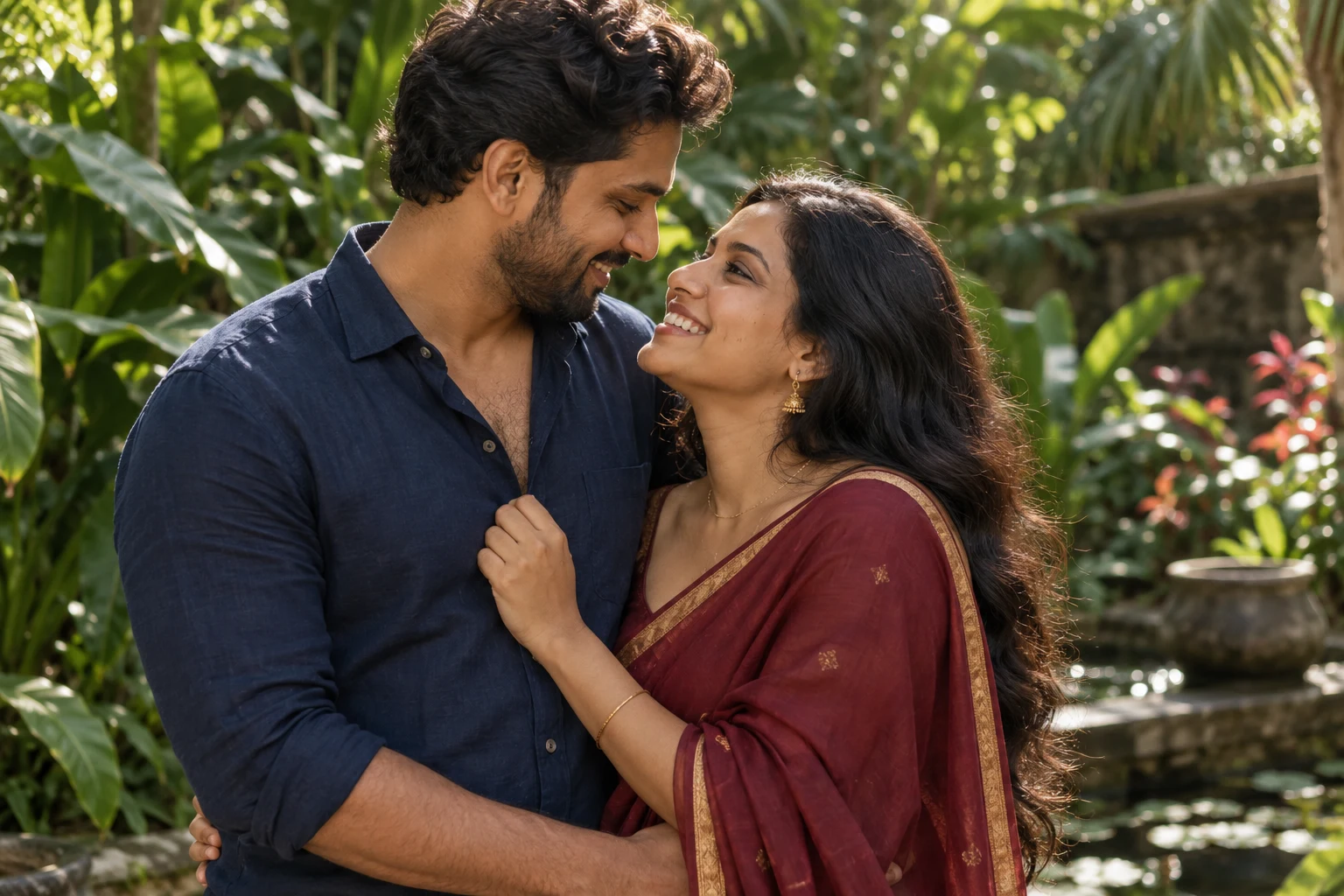 Couple sharing a joyful embrace in a tropical garden